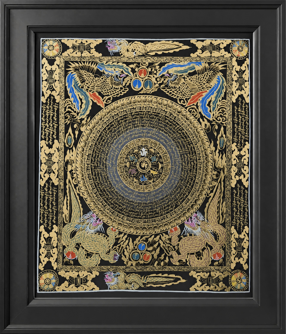 Hand-Painted Om Mantra Mandala Thangka with Dragon Surrounding Design | Traditional Buddhist Art from Nepal