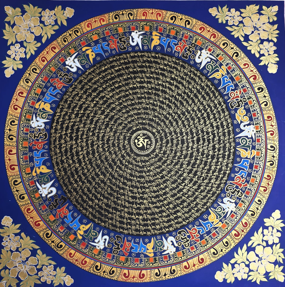 Hand-Painted Om Mantra Mandala Thangka