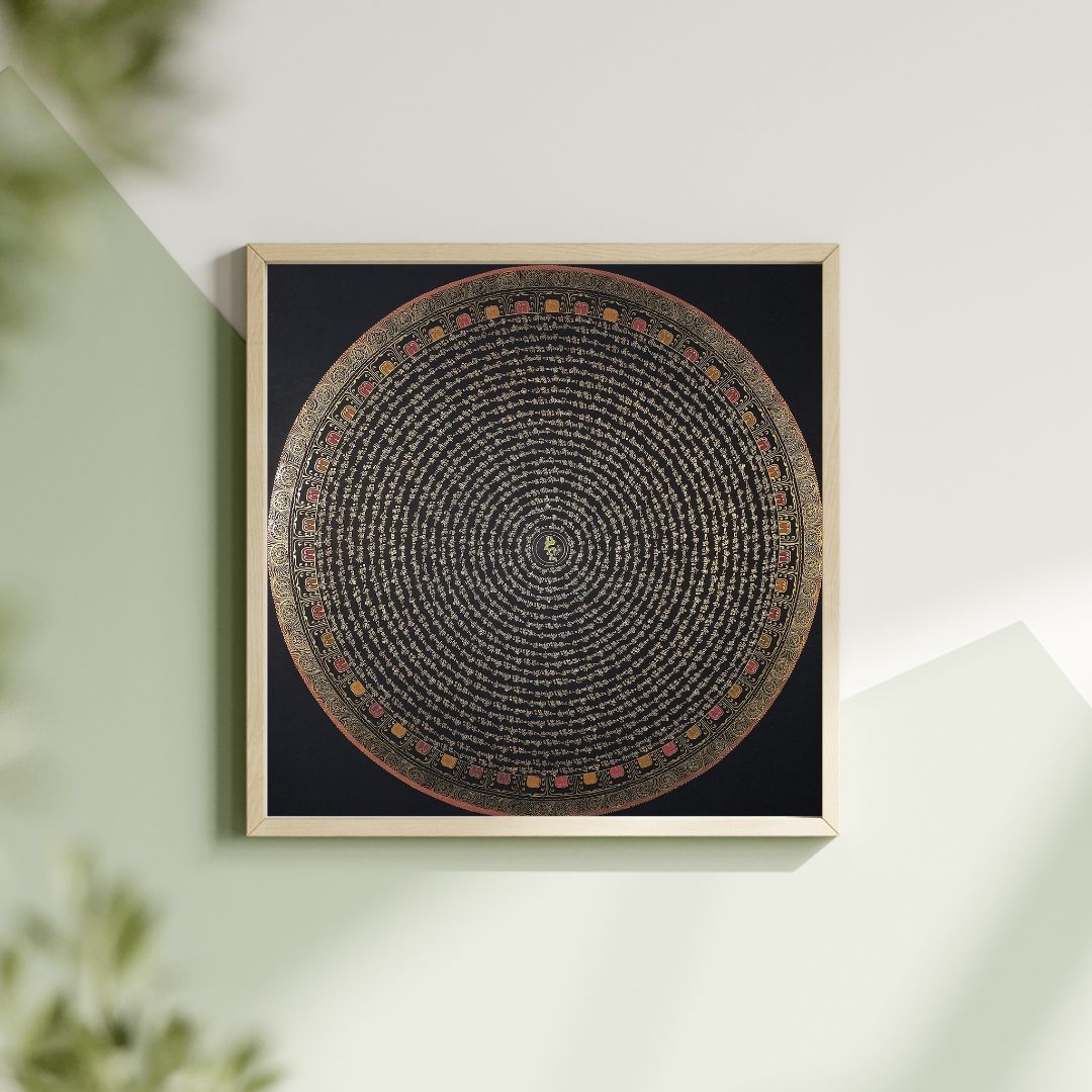 Chenrezig  Mantra Mandala | Hand-Painted Fine Thangka | Sacred Buddhist Art from Nepal