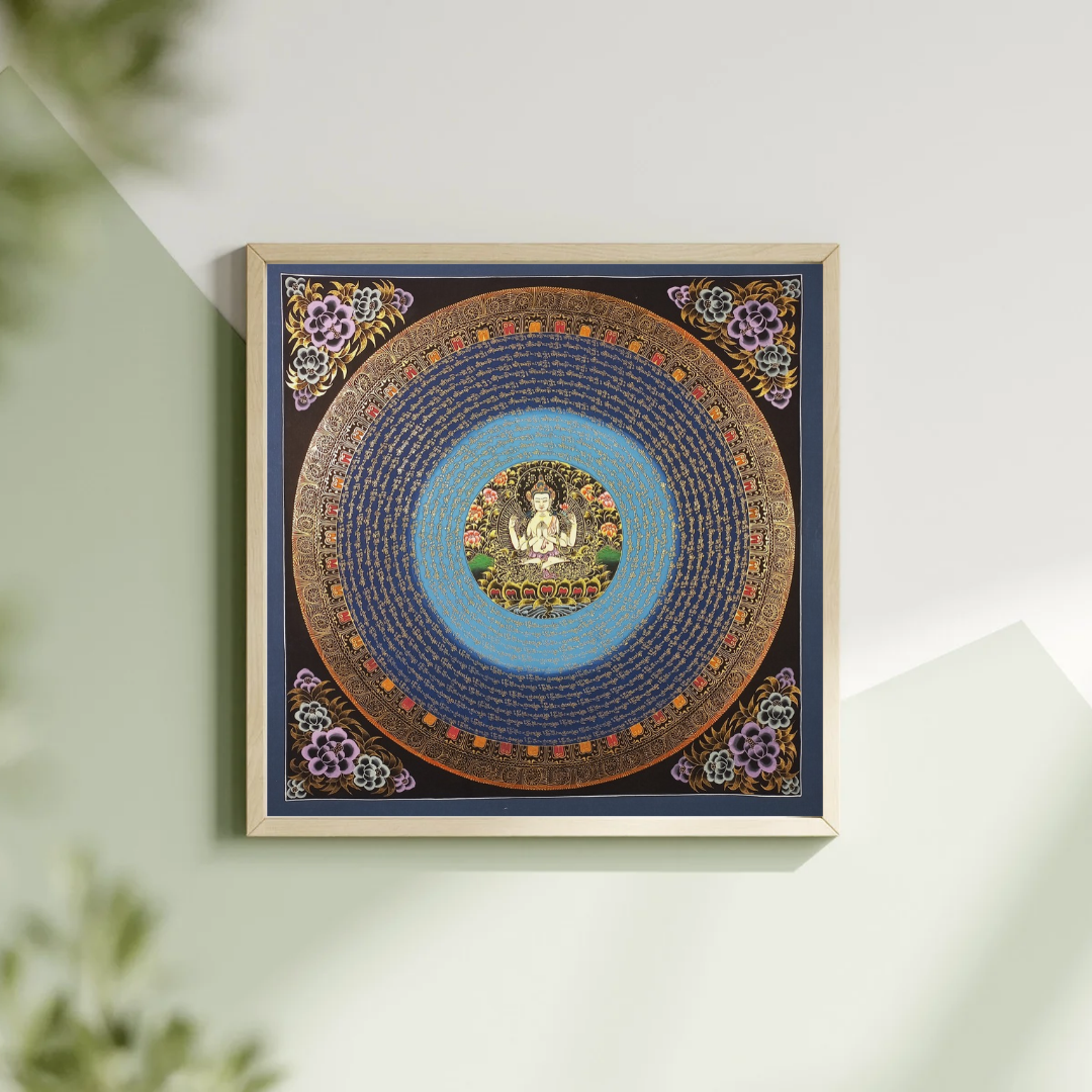 Chenrezig Mantra Mandala | Hand-Painted Fine Thangka | Sacred Buddhist Art from Nepal