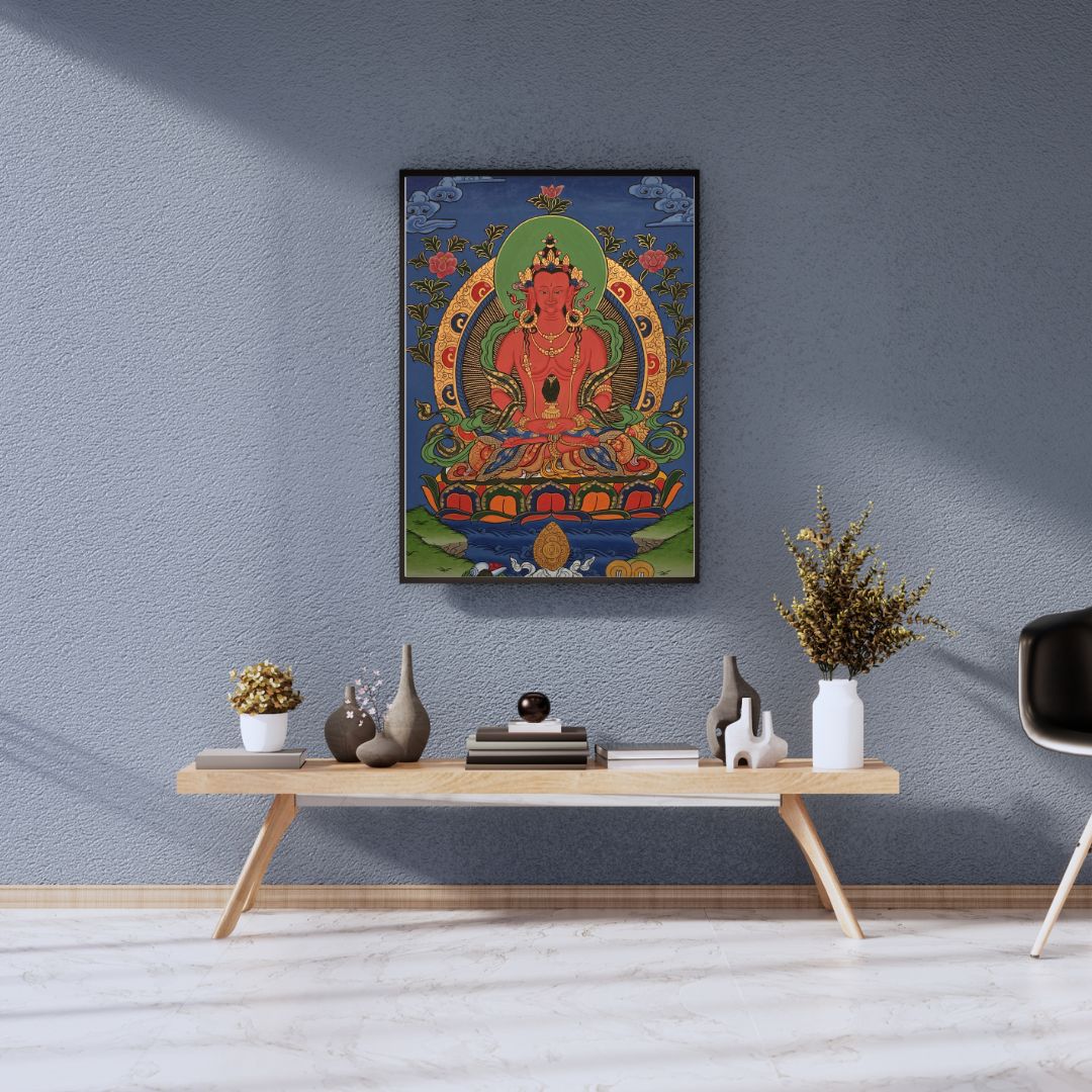 Amitayus Buddha Thangka – Hand-Painted Tibetan Buddhist Art | Longevity, Peace & Meditation Wall Decor