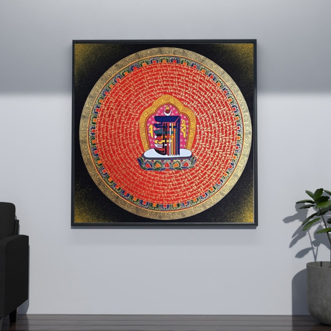 Hand-Painted Om Mantra Mandala Thangka
