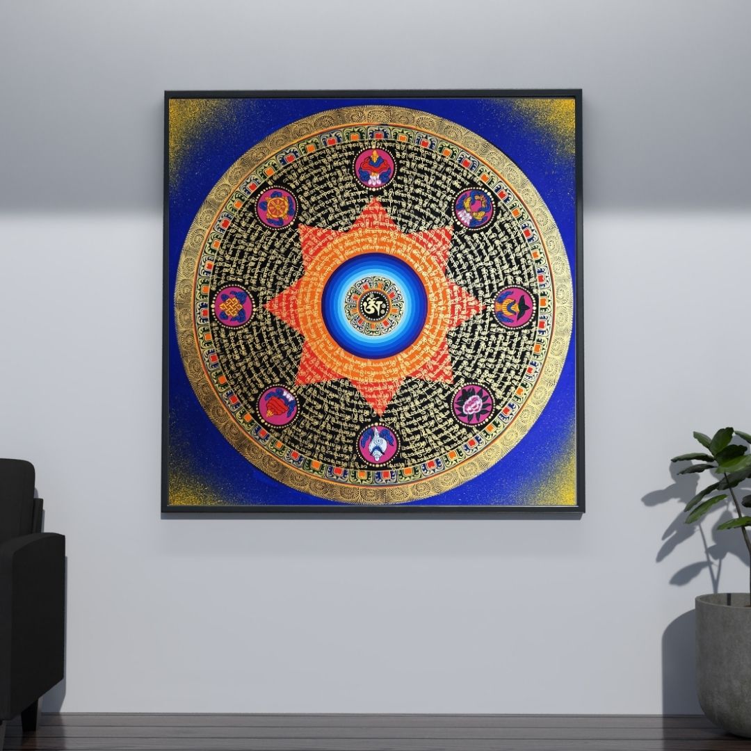 Hand-Painted Om Mantra Mandala Thangka