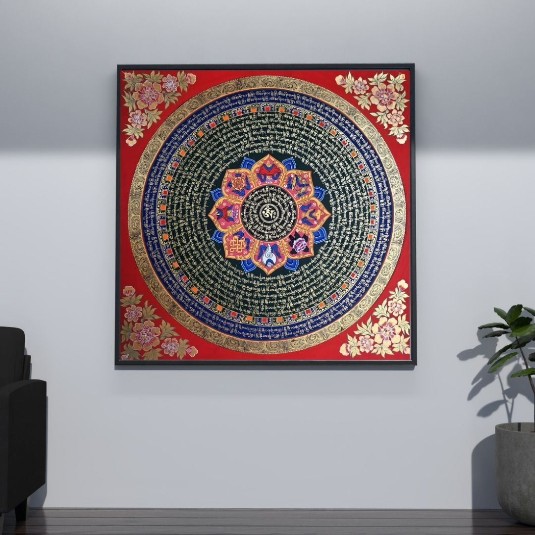 Hand-Painted Om Mantra Mandala Thangka