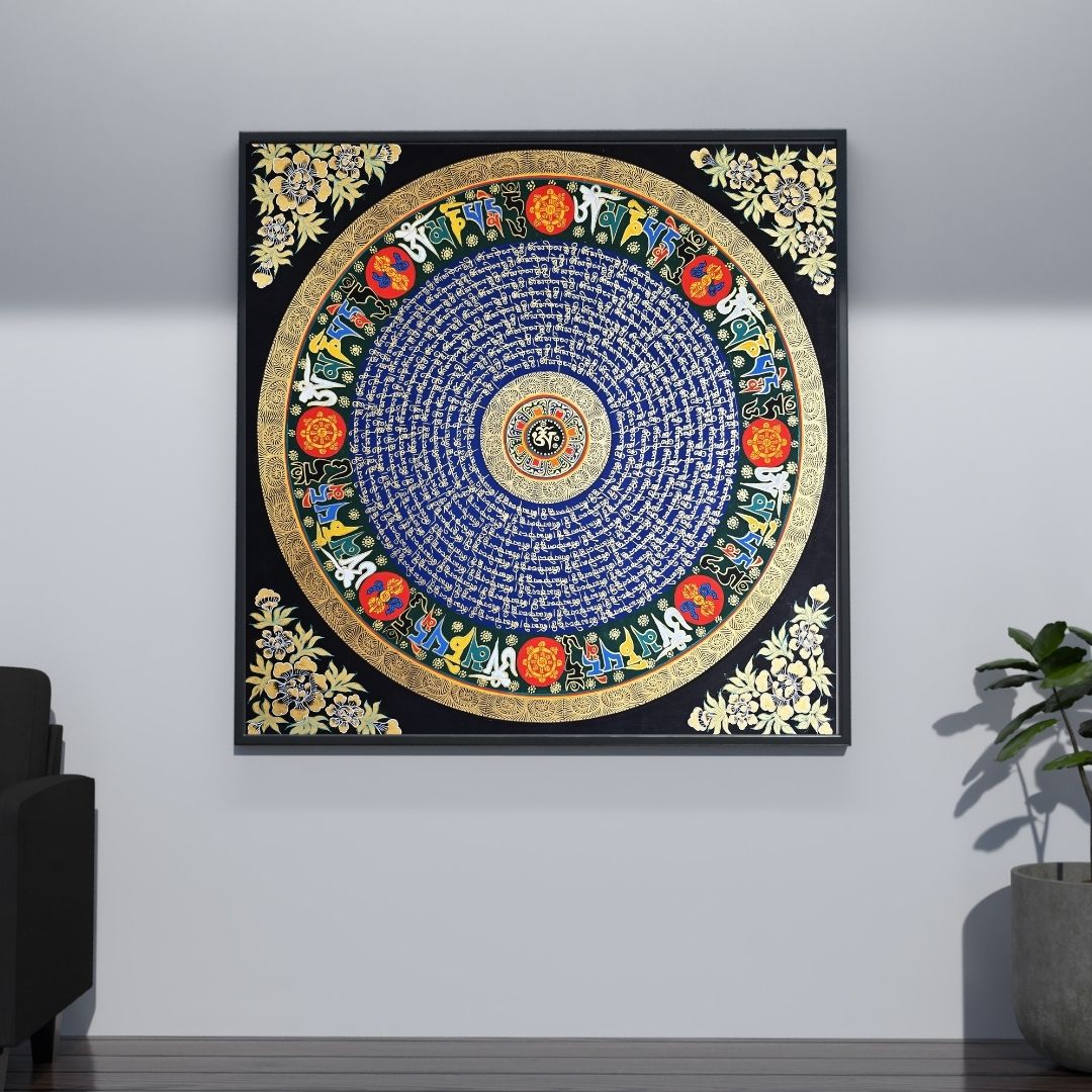 Hand-Painted Om Mantra Mandala Thangka