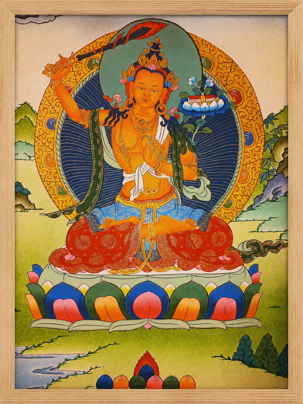 Manjushri Thangka – Hand-Painted Tibetan Buddhist Art | Meditation & Protection Wall Decor