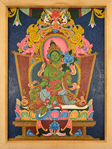Green Tara Fine Thangka – Hand-Painted Tibetan Buddhist Art | Meditation & Protection Wall Decor